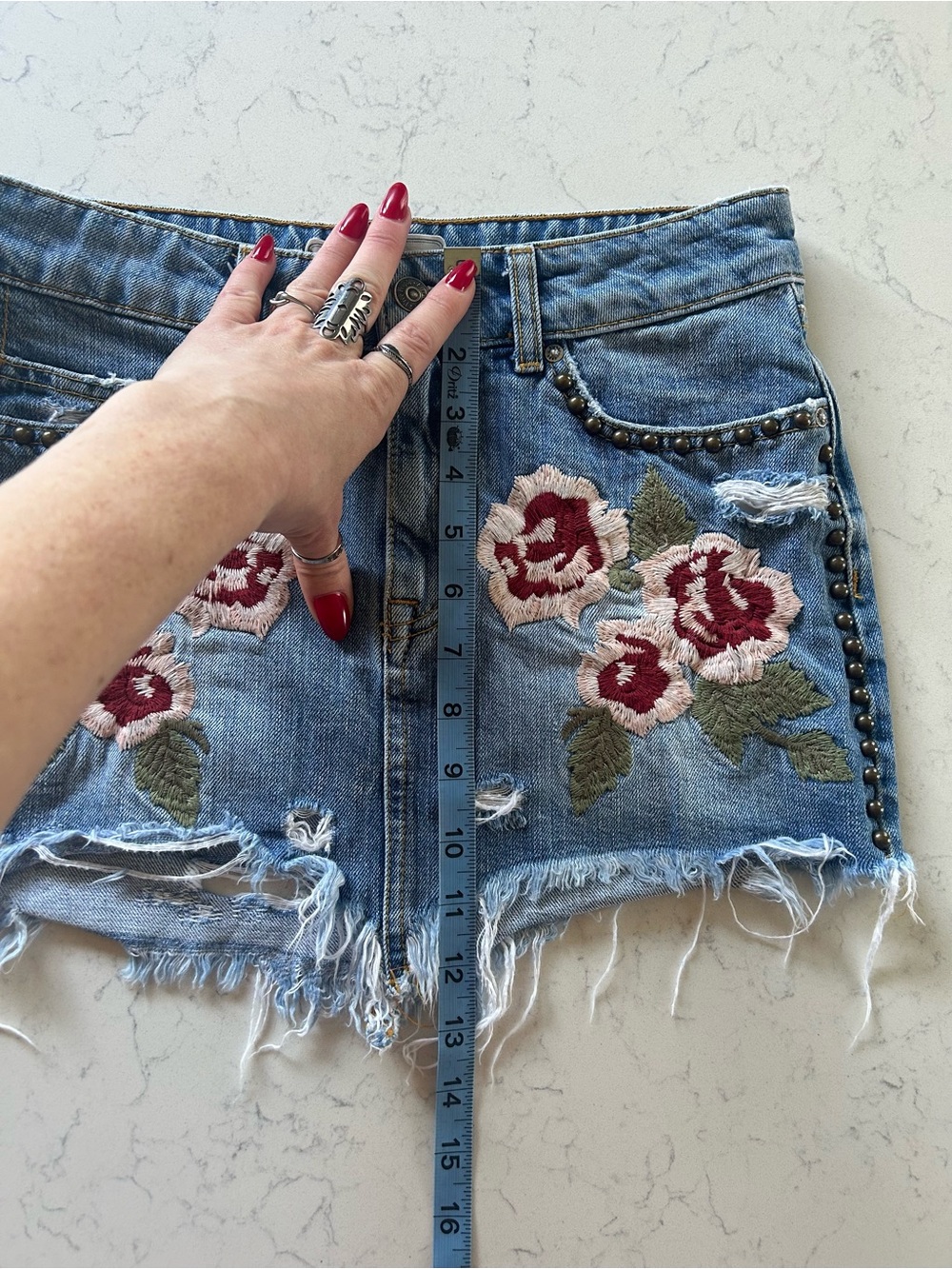 Free People Wild Rose Embroidered Studded Denim Mini Skirt - Picture 13 of 16